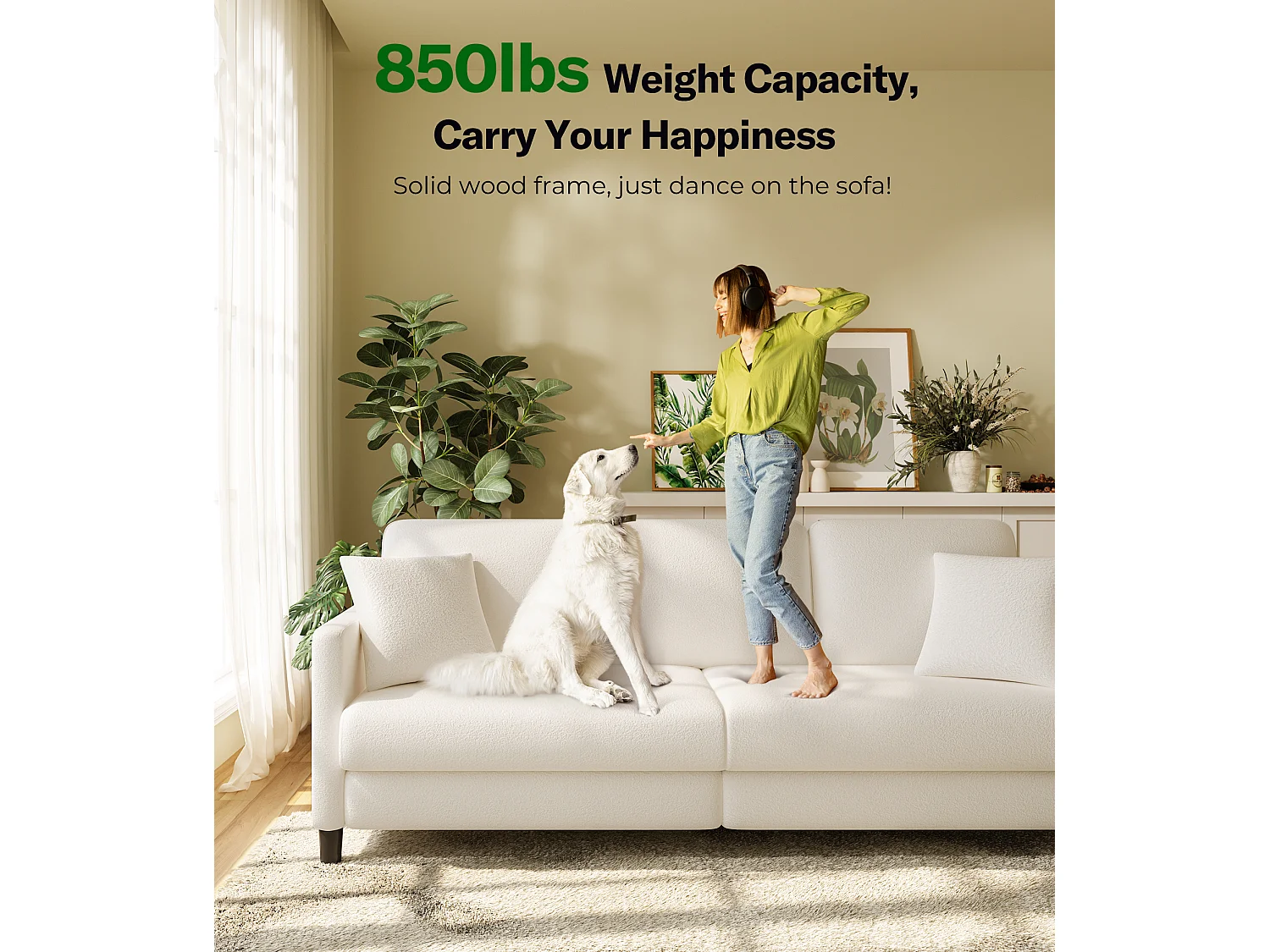 Canapé 3 Places en Velours Teddy,Grand Canapé Droit Confort en Bois Massif,Loveseat avec Accoudoirs,210 x 79 x 89 cm - Beige