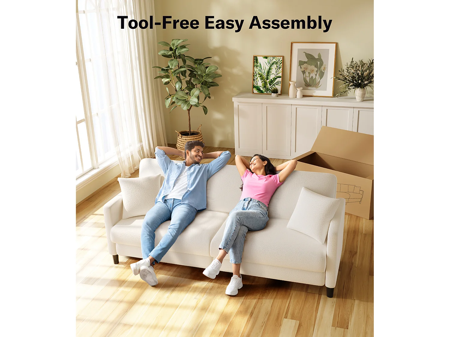 Canapé 3 Places en Velours Teddy,Grand Canapé Droit Confort en Bois Massif,Loveseat avec Accoudoirs,210 x 79 x 89 cm - Beige