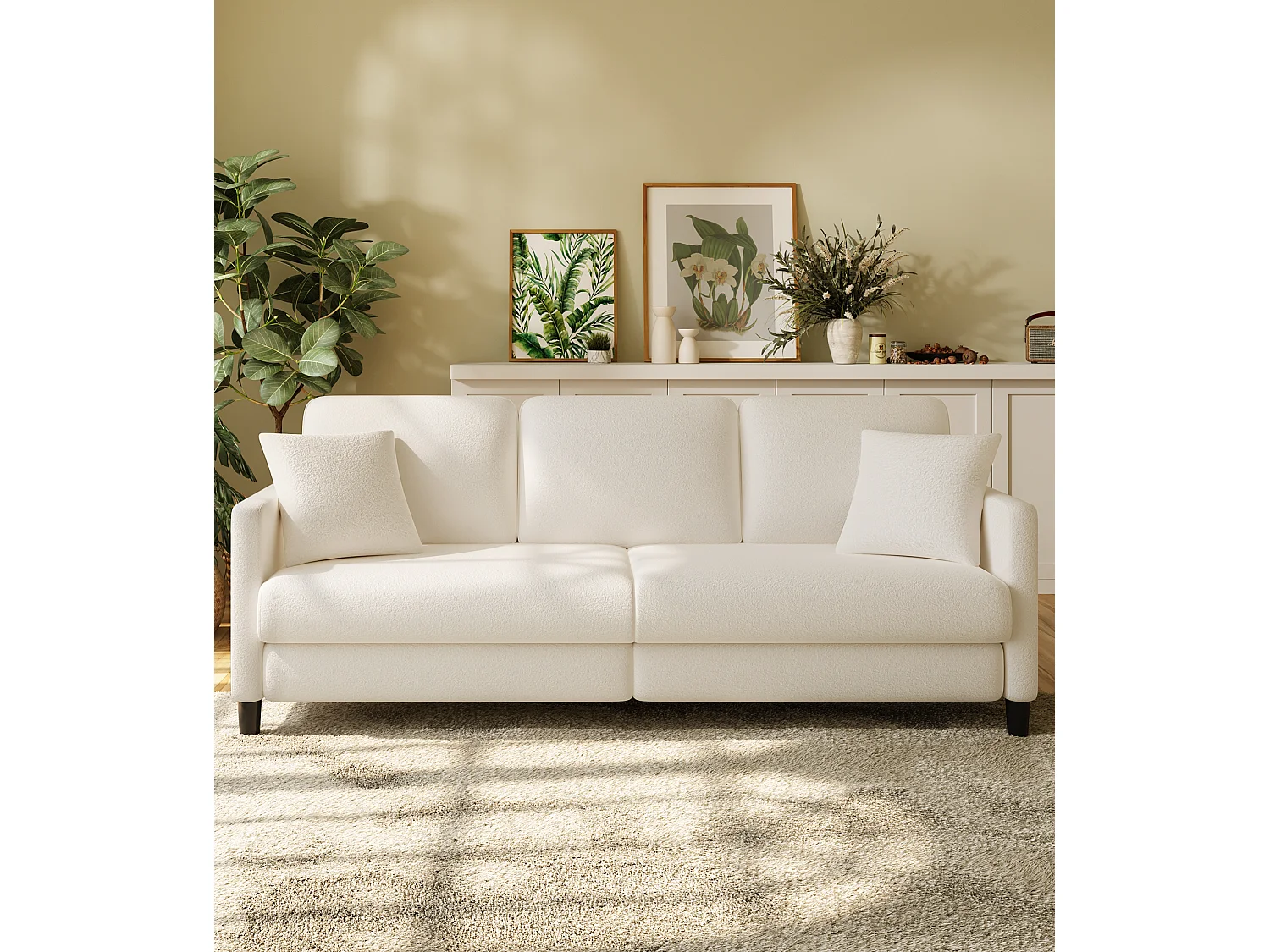 3-zitsbank van teddyfluweel, grote comfortabele rechte bank van massief hout, loveseat met armleuningen, 210 x 79 x 89 cm - Beige