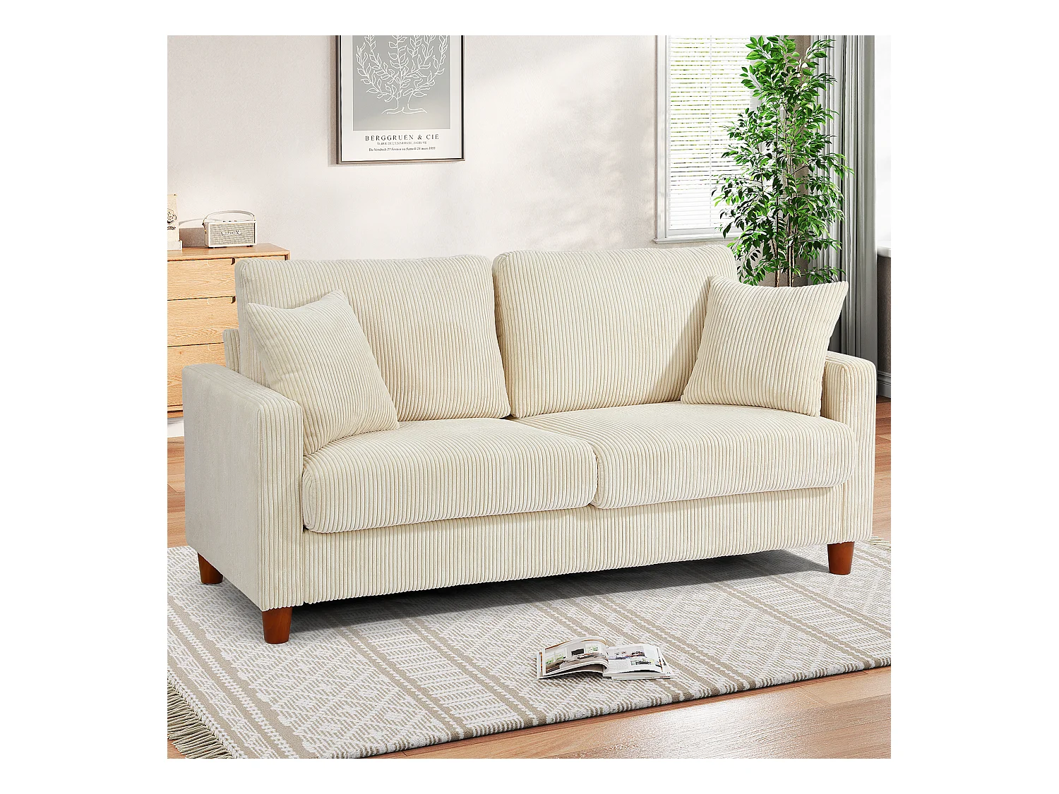 2-zitsbank van corduroy, moderne grote gestoffeerde rechte bank met extra diepe zitplaatsen van 56 cm - 2 kussens - 178x76x89cm - Beige