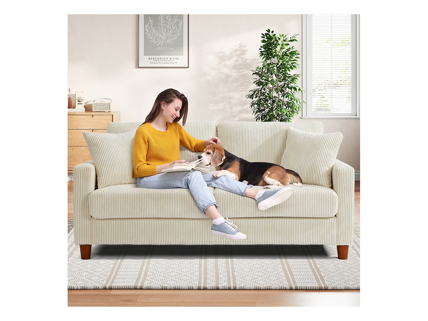 2-zitsbank van corduroy, moderne grote gestoffeerde rechte bank met extra diepe zitplaatsen van 56 cm - 2 kussens - 178x76x89cm - Beige