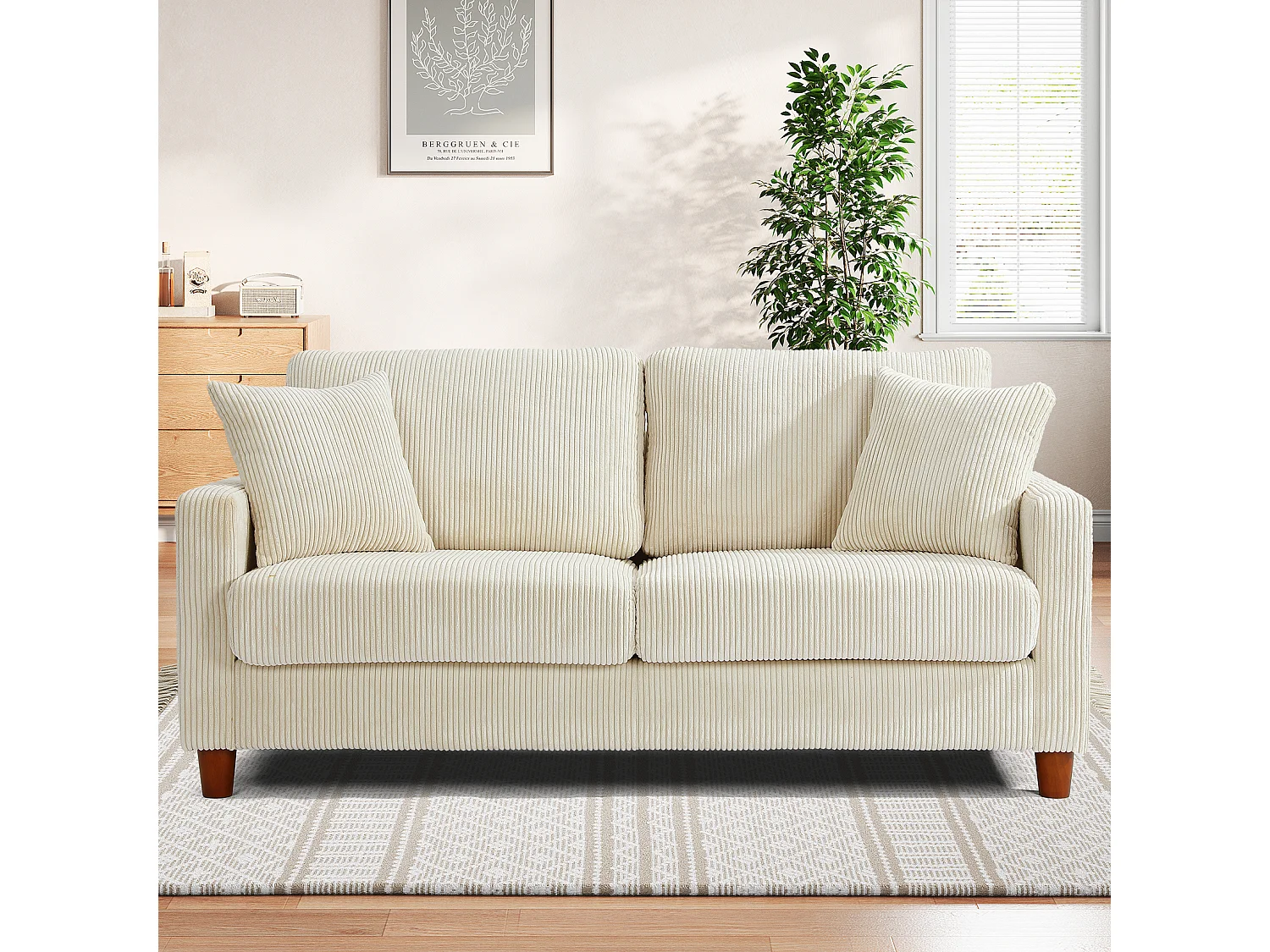 Canapé en velours 2 Places, avec 2 Coussins, sièges profonds de 56cm, 178x76x89cm, Beige