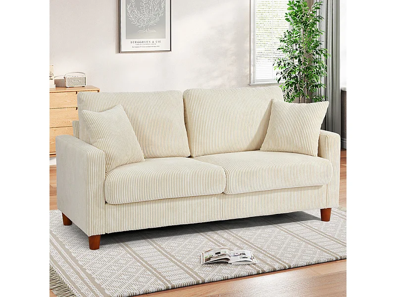 Sofá de veludo de 2 -sete, com 2 almofadas, assentos profundos de 56cm, 178x76x89cm, bege