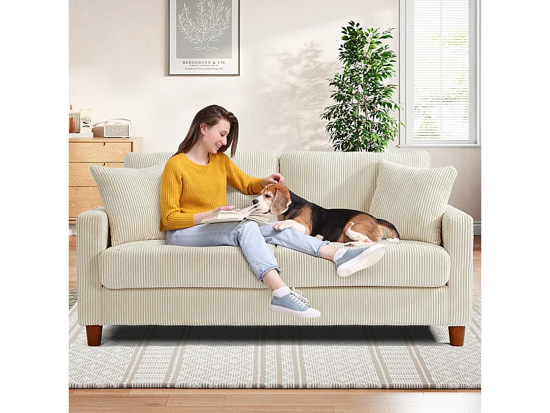 Sofá de veludo de 2 -sete, com 2 almofadas, assentos profundos de 56cm, 178x76x89cm, bege