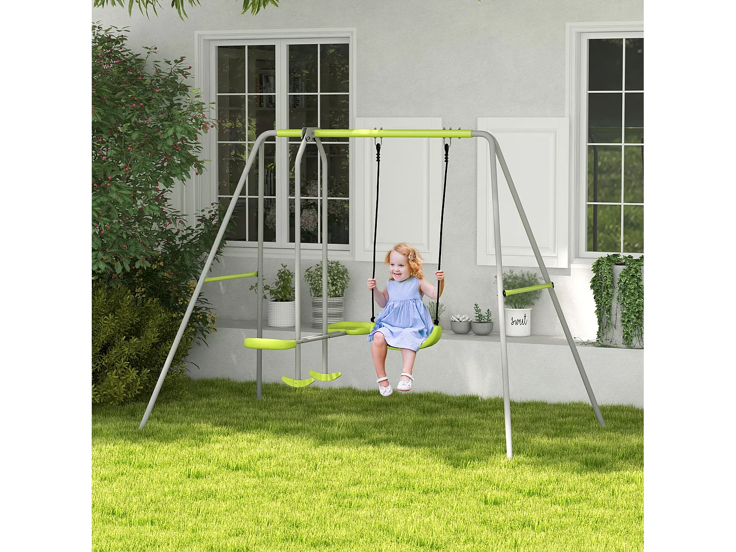 Balançoire 2 agrès portique avec balançoire et face à face dim. 2,55L x 1,6l x 1,8H m métal époxy PE gris vert