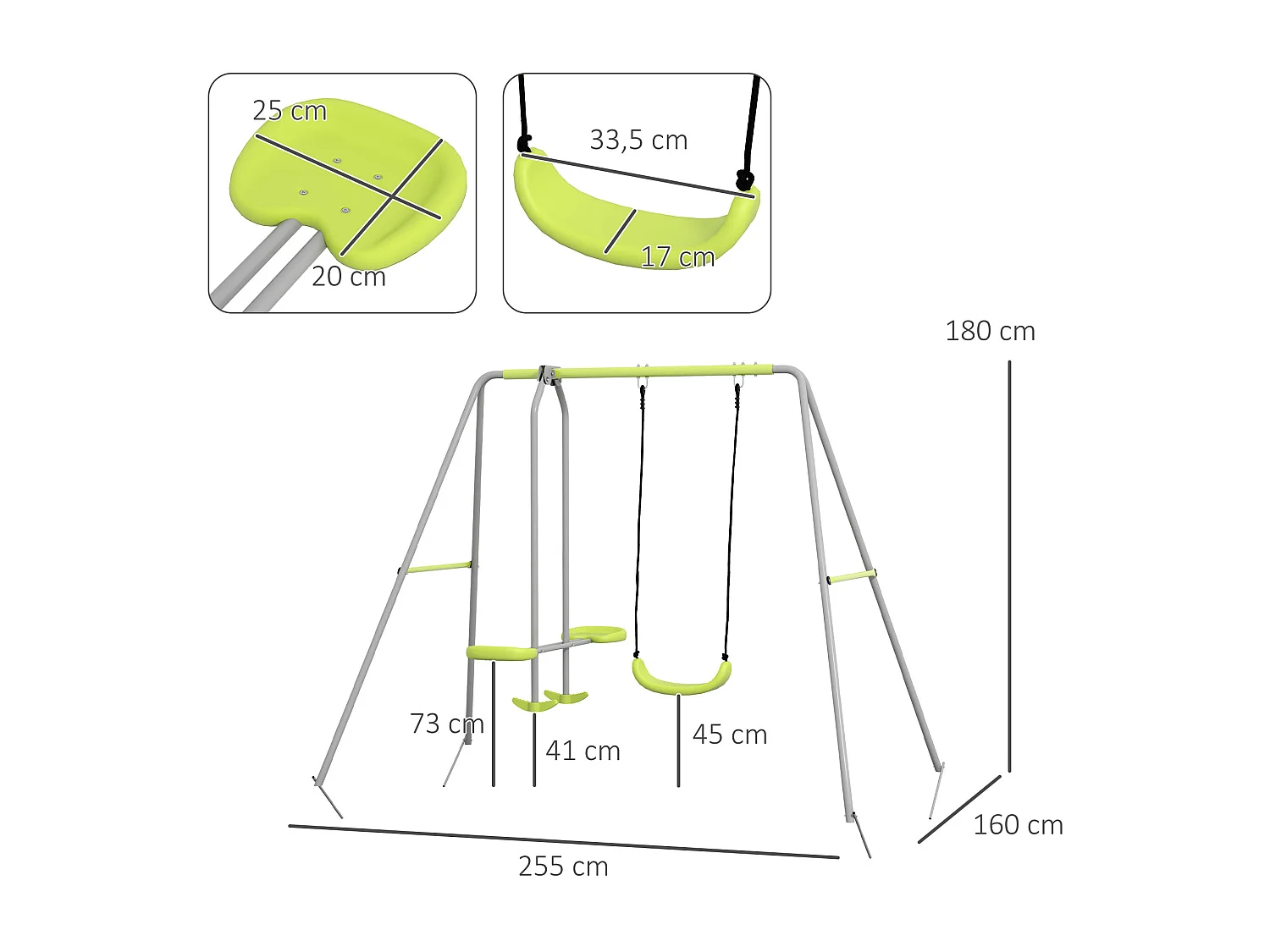 Balançoire 2 agrès portique avec balançoire et face à face dim. 2,55L x 1,6l x 1,8H m métal époxy PE gris vert