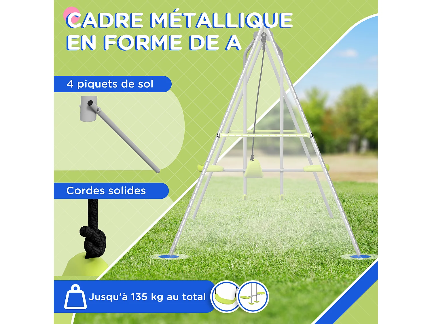 Balançoire 2 agrès portique avec balançoire et face à face dim. 2,55L x 1,6l x 1,8H m métal époxy PE gris vert