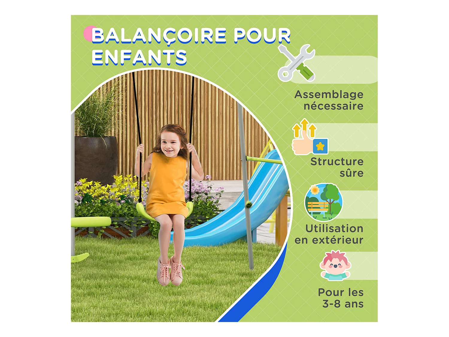Balançoire 2 agrès portique avec balançoire et face à face dim. 2,55L x 1,6l x 1,8H m métal époxy PE gris vert