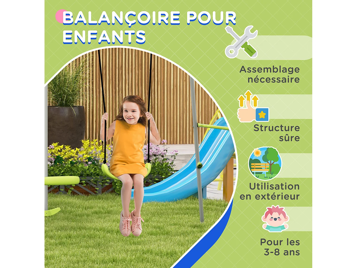 Balançoire 2 agrès portique avec balançoire et face à face dim. 2,55L x 1,6l x 1,8H m métal époxy PE gris vert