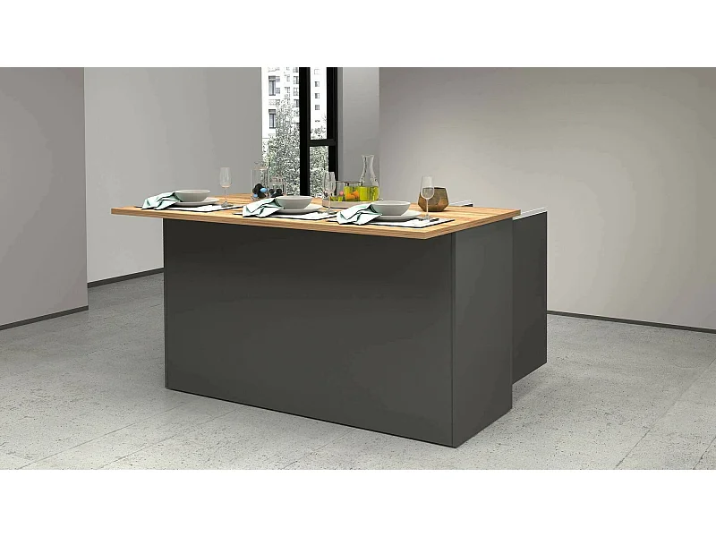 Dcarnelo kookeiland, Multifunctionele kledingkast, Keukenmeubel, Bijzettafel, 100% Made in Italy, 155x90h90 cm, Antraciet en Eiken