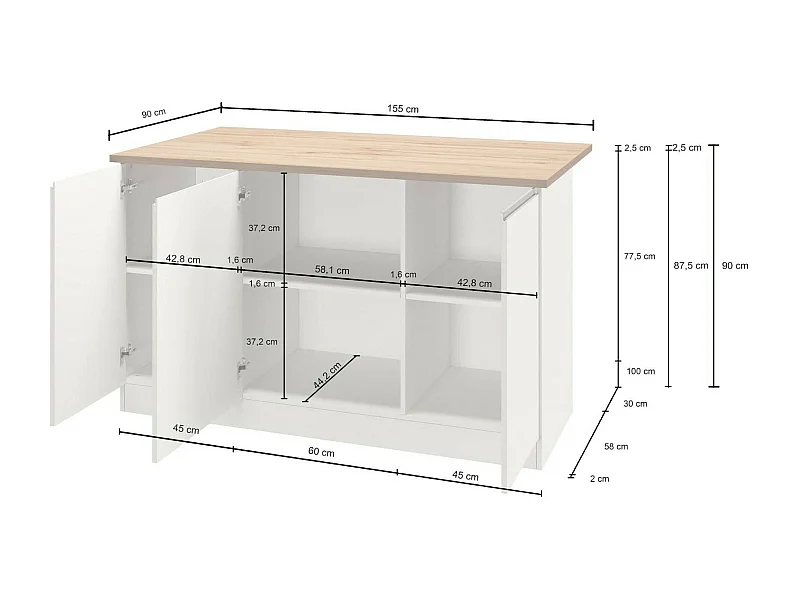 Ilha de cozinha Dcarnelo, Roupeiro multiusos, Móveis de cozinha, Mesa auxiliar, 100% Fabricado em Itália, 155x90h90 cm, Branco brilhante e Ardósia