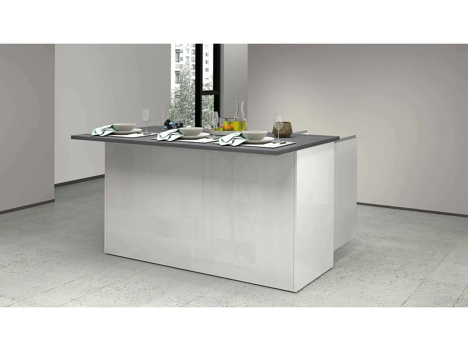 ÃŽlot de cuisine Dcarnelo, Armoire polyvalente, Meuble de kitchenette, Table auxiliaire, 100% Made in Italy, 155x90h90 cm, Blanc brillant et ardoise