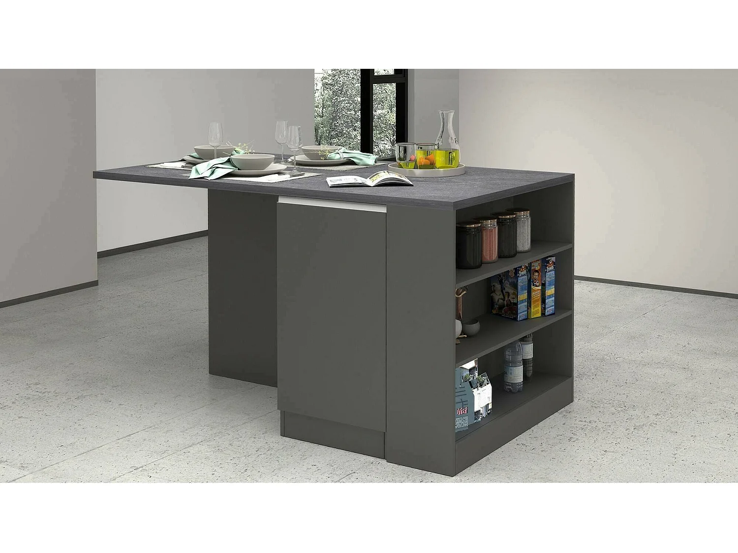 Îlot de cuisine Dcannaval, Armoire polyvalente, Meuble de kitchenette, Table auxiliaire, 100% Made in Italy, 160x90h90 cm, Anthracite et Ardoise
