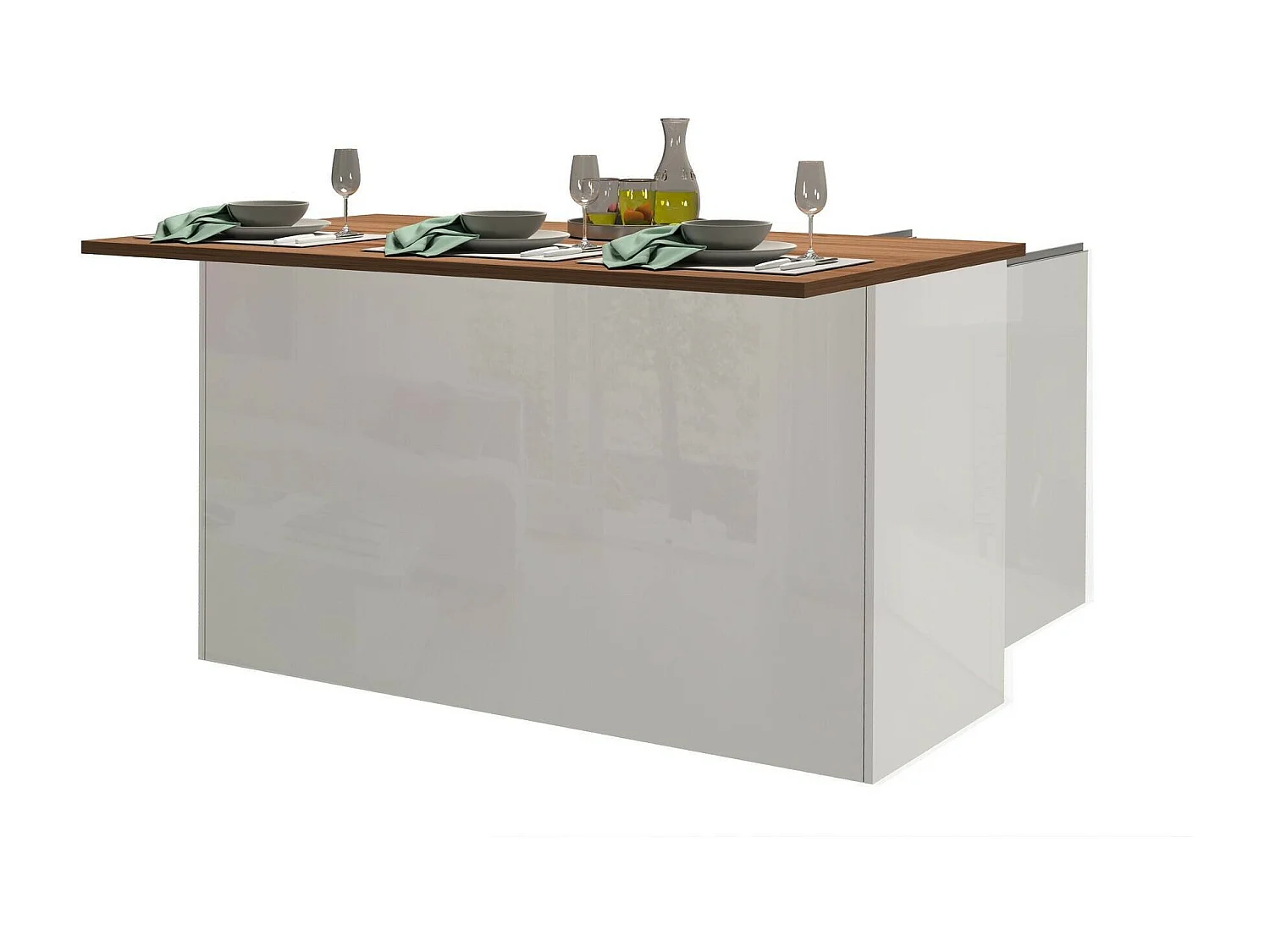ÃŽlot de cuisine Dcarnelo, Armoire polyvalente, Meuble de kitchenette, Table auxiliaire, 100% Made in Italy, 155x90h90 cm, Blanc brillant et chêne