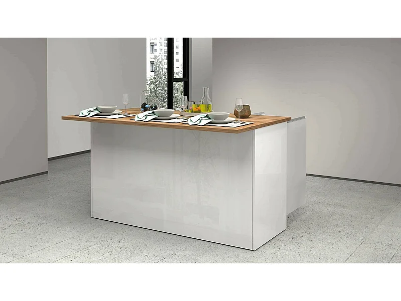 Ilha de cozinha Dcarnelo, Roupeiro multiusos, Móveis de cozinha, Mesa auxiliar, 100% Fabricado em Itália, 155x90h90 cm, Branco brilhante e carvalho