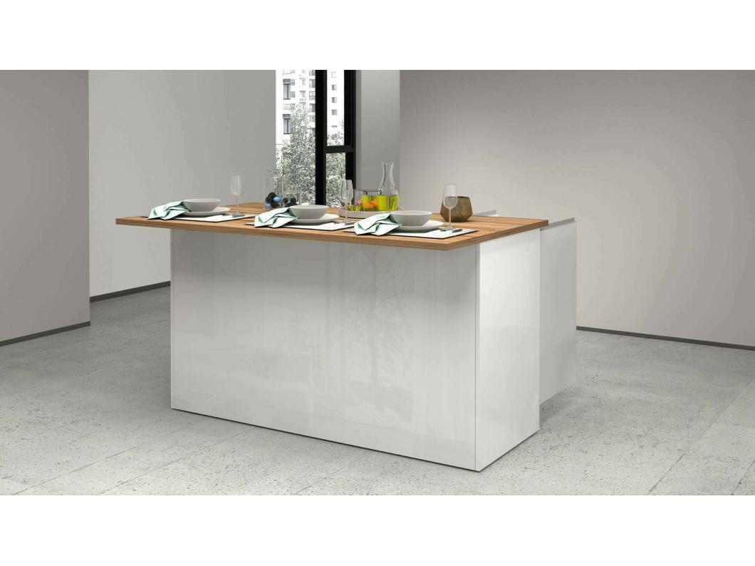 Isla de cocina Dcarnelo, Armario multiusos, Mueble cocina, Mesa auxiliar, 100% Made in Italy, 155x90h90 cm, Blanco brillo y roble