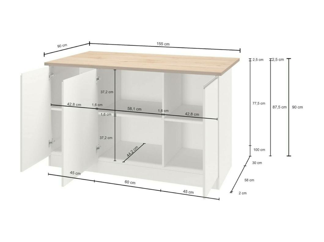 Dcarnelo keukeneiland, Multifunctionele kledingkast, Keukenmeubel, Bijzettafel, 100% Made in Italy, 155x90h90 cm, Glanzend wit en eiken
