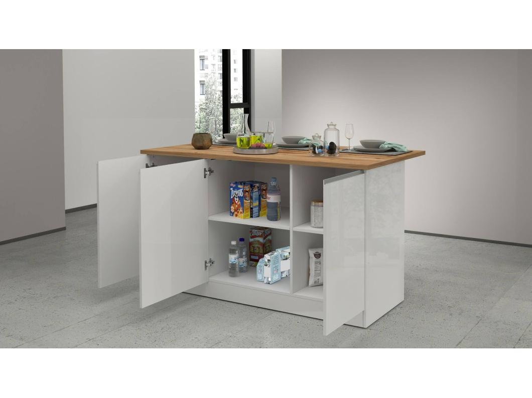 Îlot de cuisine Dcarnelo, Armoire polyvalente, Meuble de kitchenette, Table auxiliaire, 100% Made in Italy, 155x90h90 cm, Blanc brillant et chêne