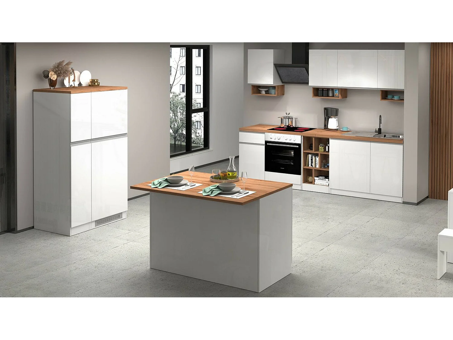 Ilha de cozinha Daffaticat, Armário multiusos, Móveis de cozinha, Mesa auxiliar, 100% Fabricado em Itália, 125x90h90 cm, Branco brilhante e carvalho