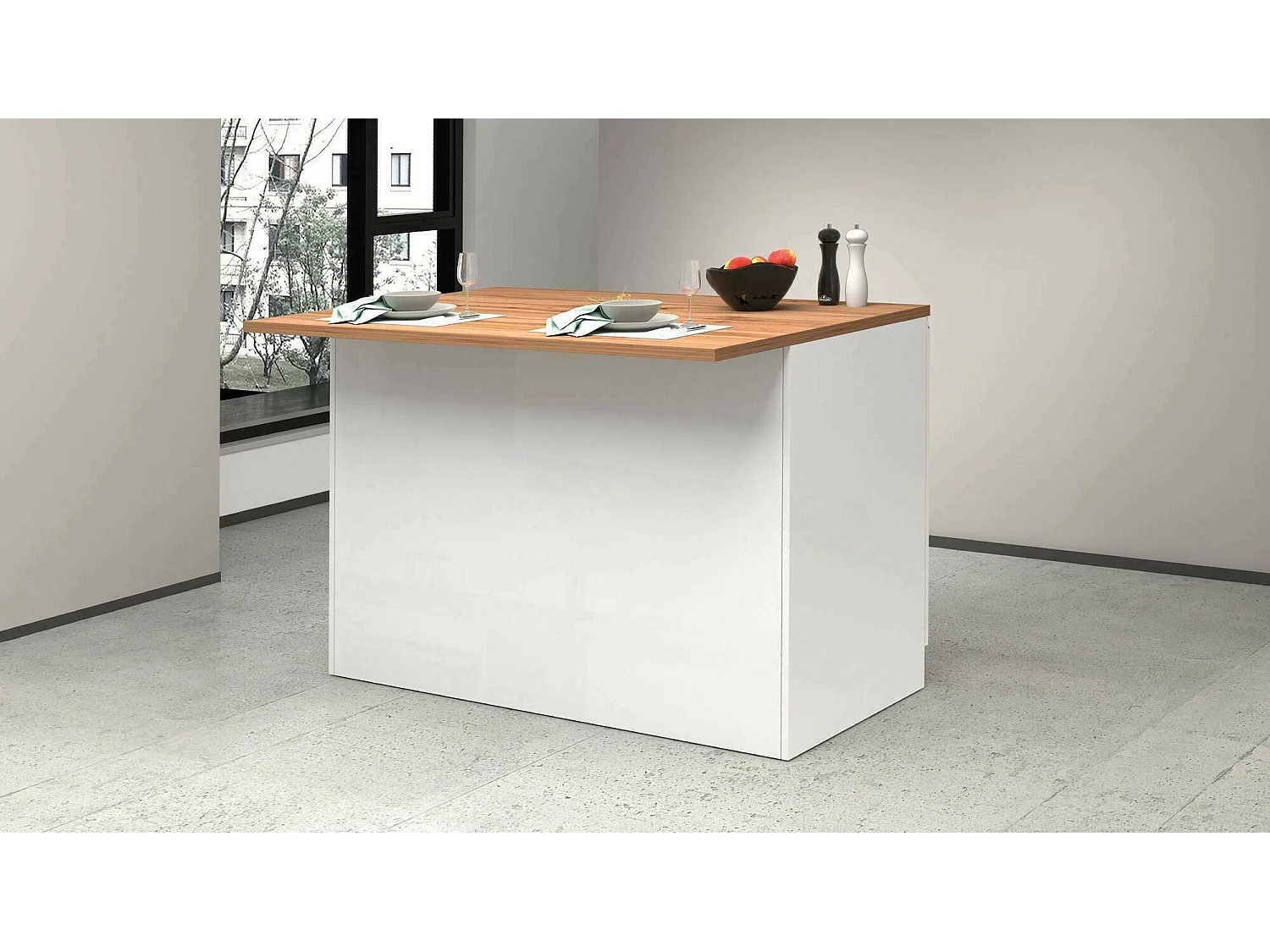 Daffaticat keukeneiland, Multifunctionele kledingkast, Keukenmeubel, Bijzettafel, 100% Made in Italy, 125x90h90 cm, Glanzend wit en eiken