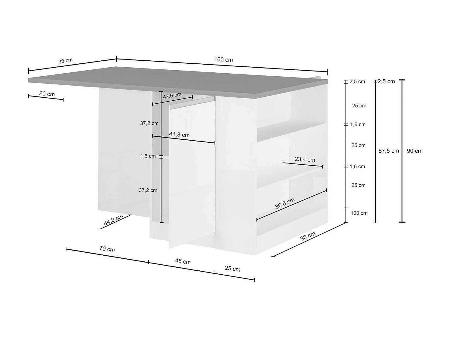 ÃŽlot de cuisine Dcannaval, Armoire polyvalente, Meuble de kitchenette, Table auxiliaire, 100% Made in Italy, 160x90h90 cm, blanc brillant et chêne
