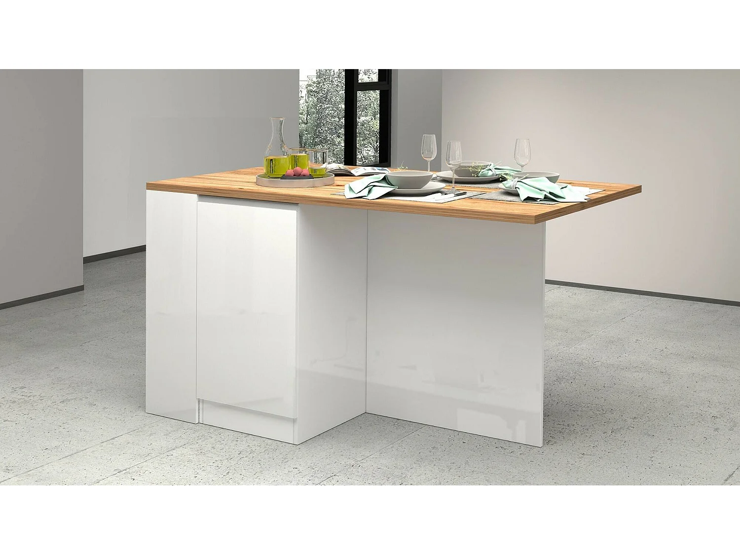 Îlot de cuisine Dcannaval, Armoire polyvalente, Meuble de kitchenette, Table auxiliaire, 100% Made in Italy, 160x90h90 cm, blanc brillant et chêne