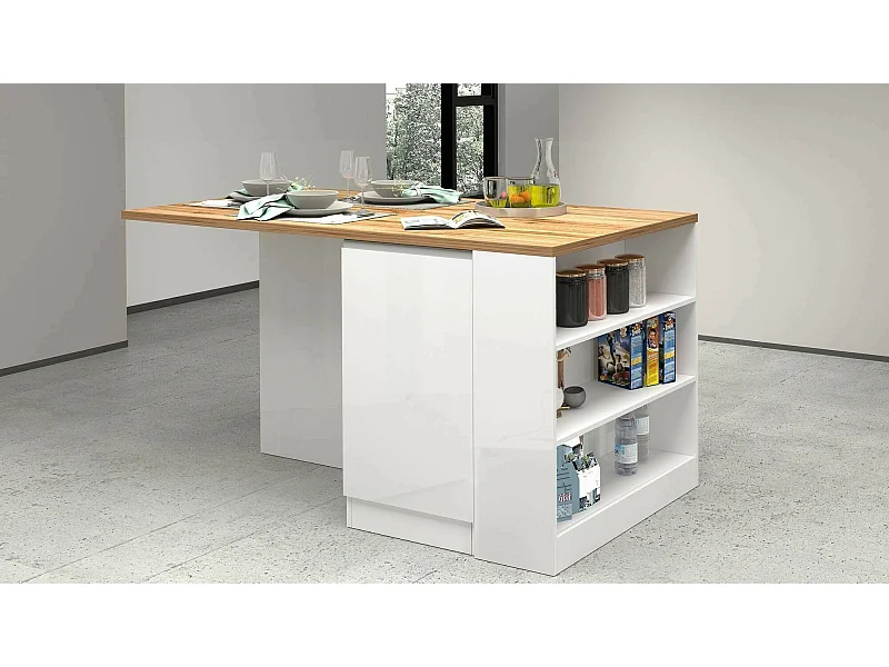 Ilha de cozinha Dcannaval, Armário multiusos, Móveis de cozinha, Mesa auxiliar, 100% Fabricado em Itália, 160x90h90 cm, Branco brilhante e carvalho