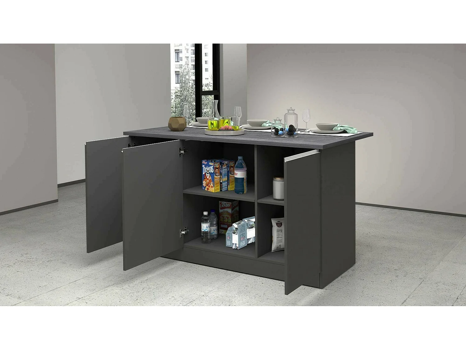 ÃŽlot de cuisine Dcarnelo, Armoire polyvalente, Meuble de kitchenette, Table auxiliaire, 100% Made in Italy, 155x90h90 cm, Anthracite et Ardoise