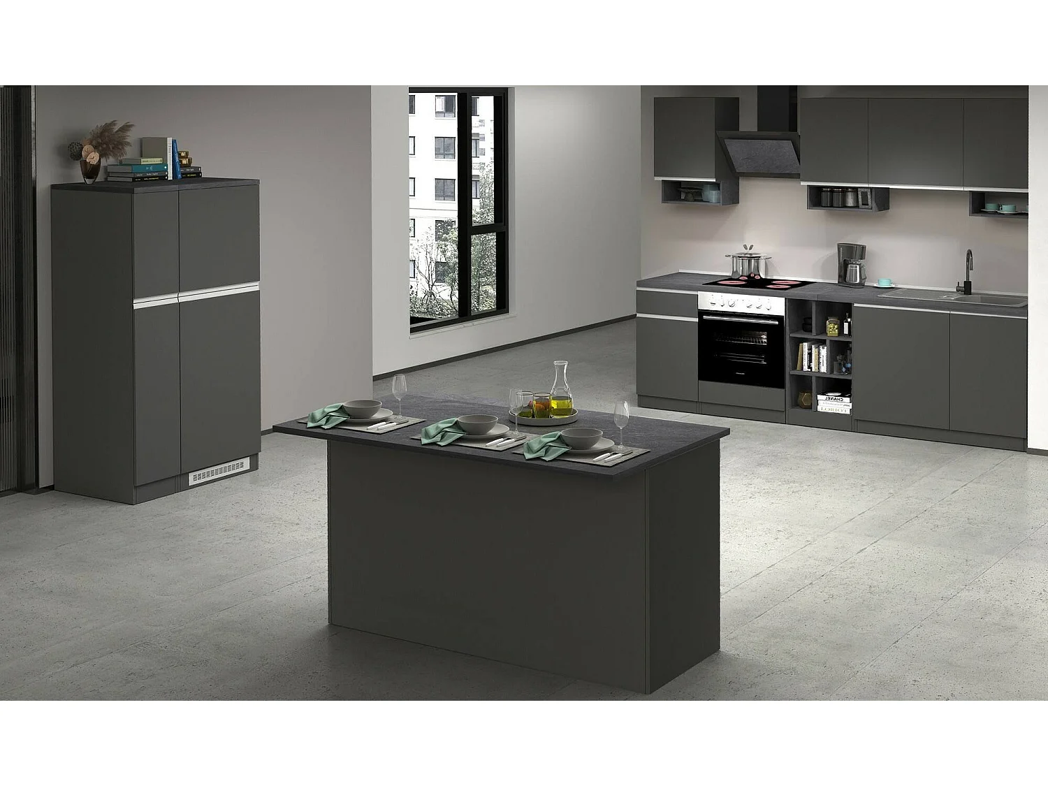 Îlot de cuisine Dcarnelo, Armoire polyvalente, Meuble de kitchenette, Table auxiliaire, 100% Made in Italy, 155x90h90 cm, Anthracite et Ardoise