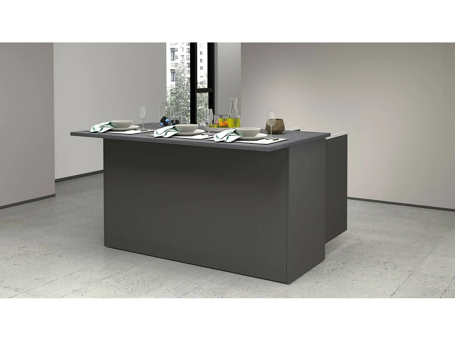 Dcarnelo keukeneiland, Multifunctionele kledingkast, Keukenmeubel, Bijzettafel, 100% Made in Italy, 155x90h90 cm, Antraciet en Leisteen