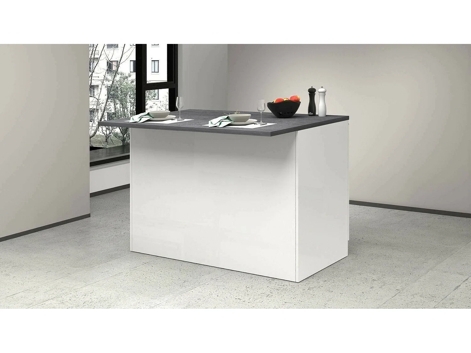 ÃŽlot de cuisine Daffaticat, Armoire polyvalente, Meuble de kitchenette, Table auxiliaire, 100% Made in Italy, 125x90h90 cm, Blanc brillant et ardoise