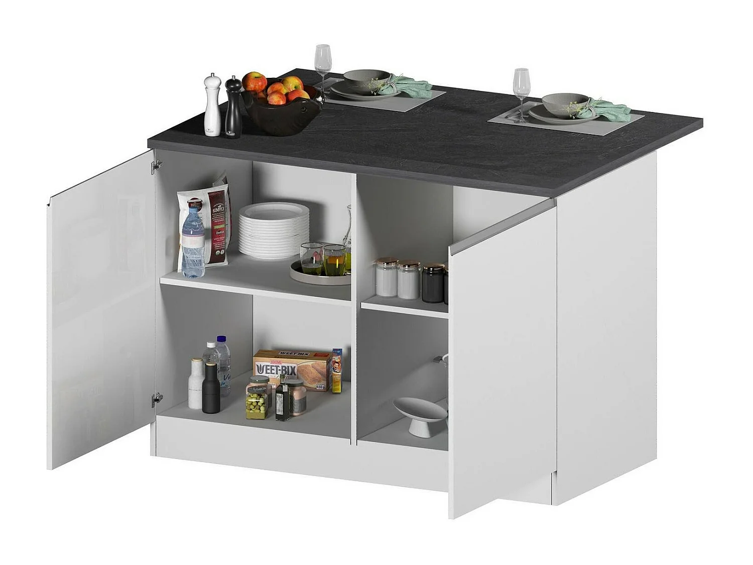 ÃŽlot de cuisine Daffaticat, Armoire polyvalente, Meuble de kitchenette, Table auxiliaire, 100% Made in Italy, 125x90h90 cm, Blanc brillant et ardoise