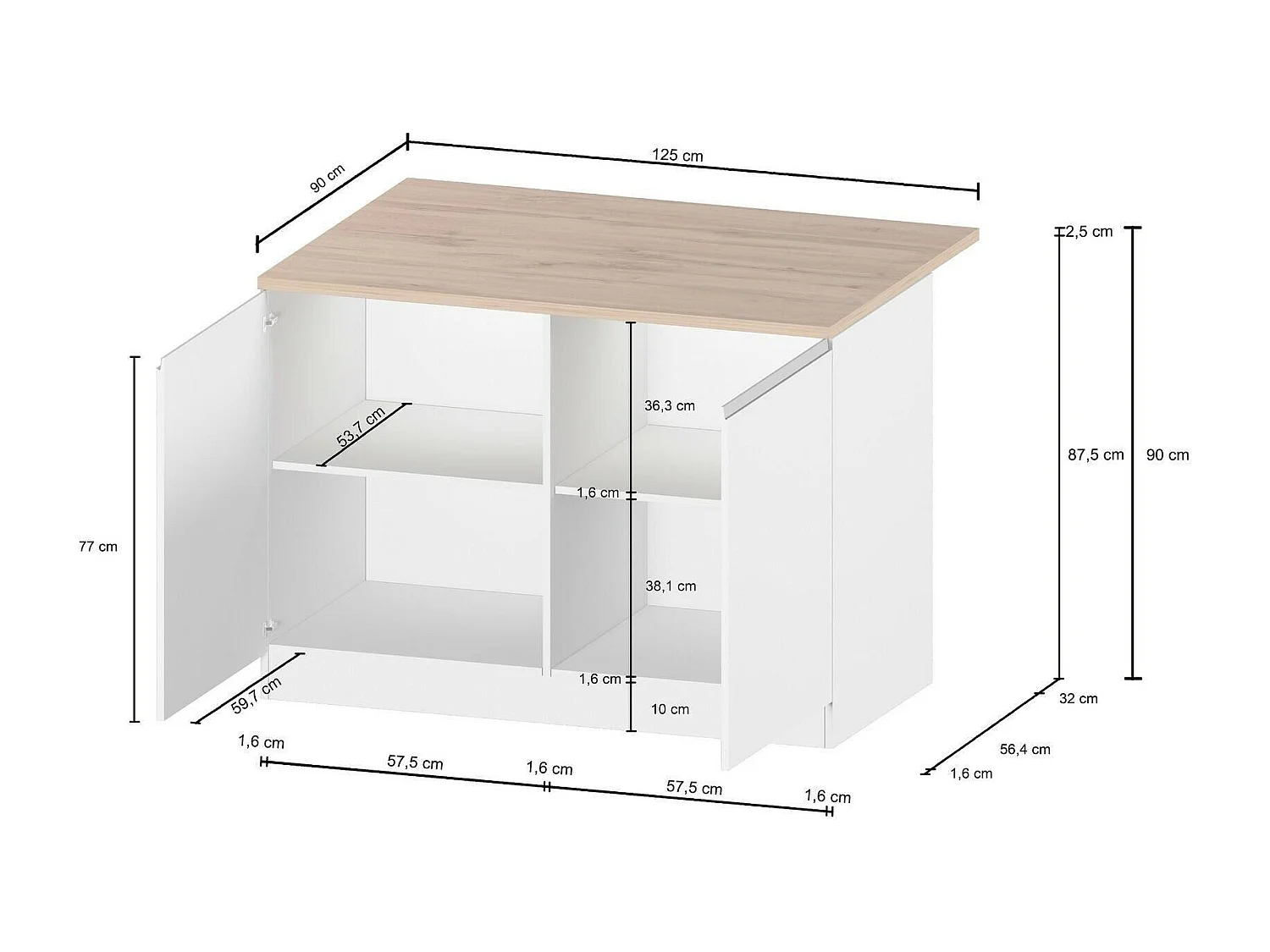 Îlot de cuisine Daffaticat, Armoire polyvalente, Meuble de kitchenette, Table auxiliaire, 100% Made in Italy, 125x90h90 cm, Blanc brillant et ardoise