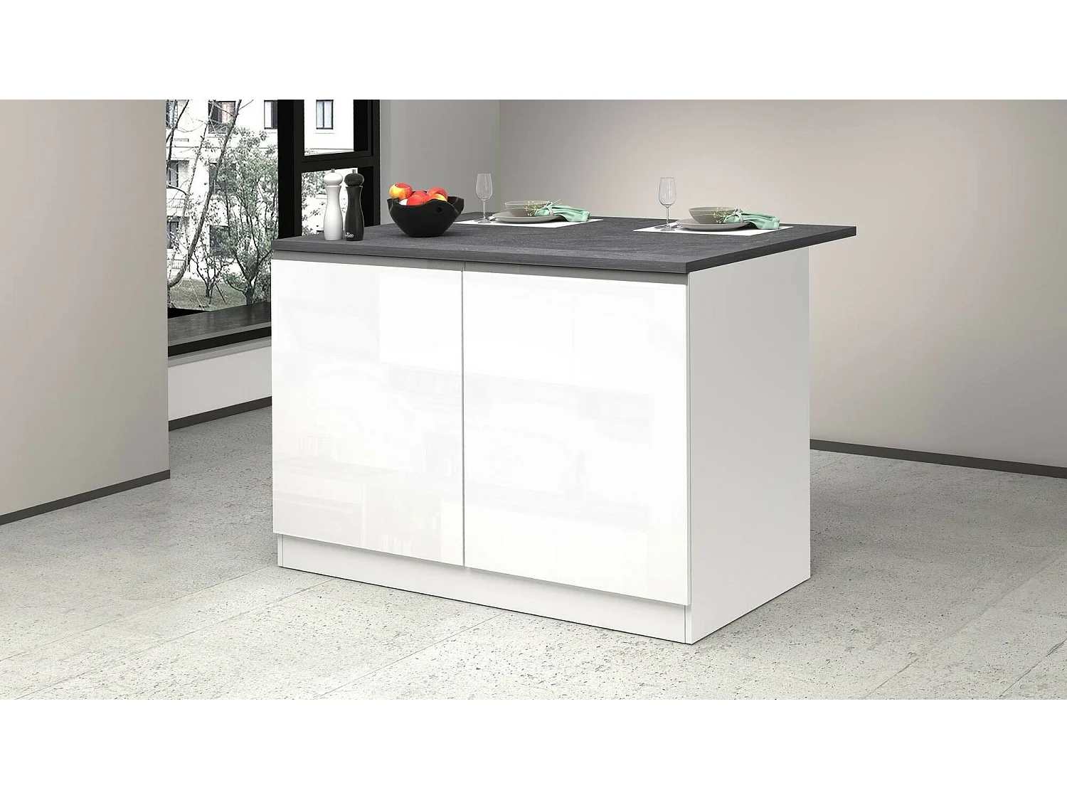 Isla de cocina Daffaticat, Armario multiusos, Mueble cocina, Mesa auxiliar, 100% Made in Italy, 125x90h90 cm, Blanco brillo y pizarra