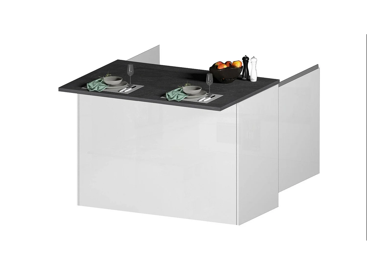 Daffaticat keukeneiland, Multifunctionele kledingkast, Keukenmeubel, Bijzettafel, 100% Made in Italy, 125x90h90 cm, Glanzend wit en leisteen