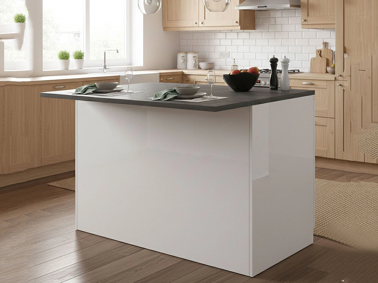 Îlot de cuisine Daffaticat, Armoire polyvalente, Meuble de kitchenette, Table auxiliaire, 100% Made in Italy, 125x90h90 cm, Blanc brillant et ardoise