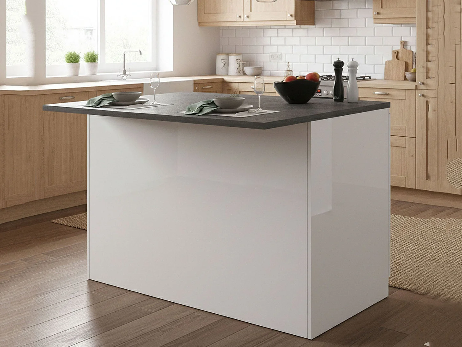 Îlot de cuisine Daffaticat, Armoire polyvalente, Meuble de kitchenette, Table auxiliaire, 100% Made in Italy, 125x90h90 cm, Blanc brillant et ardoise