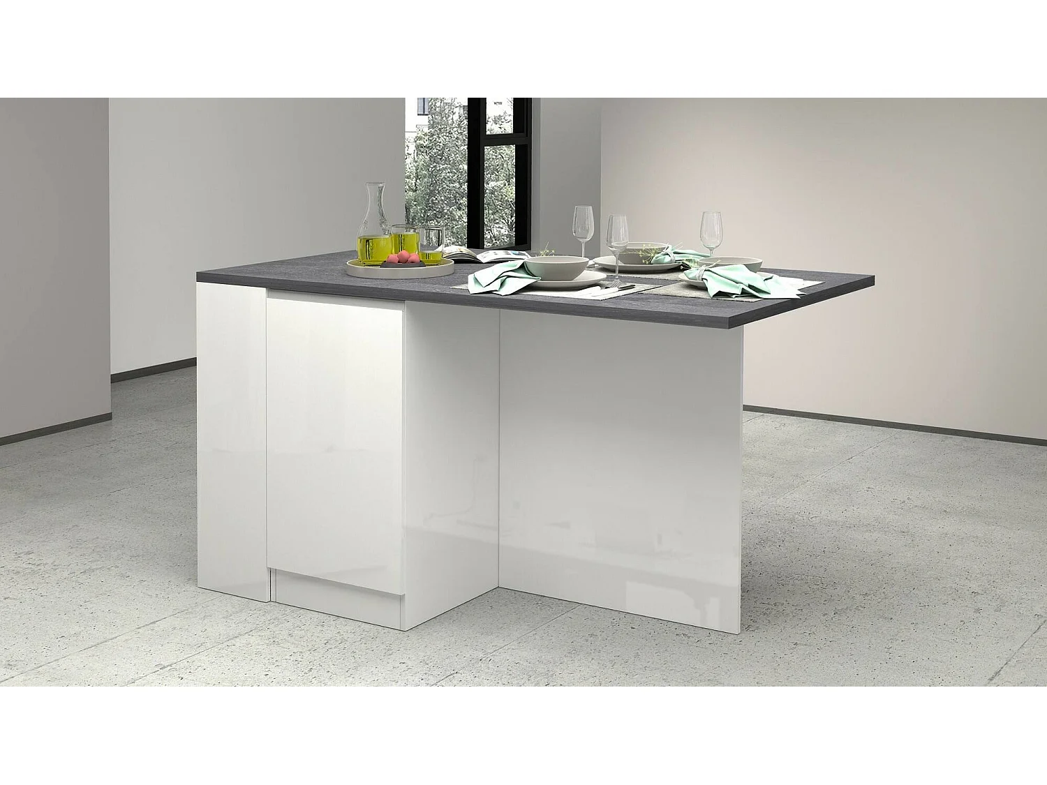 Dcannaval keukeneiland, Multifunctionele kledingkast, Keukenmeubel, Bijzettafel, 100% Made in Italy, 160x90h90 cm, Glanzend wit en Leisteen