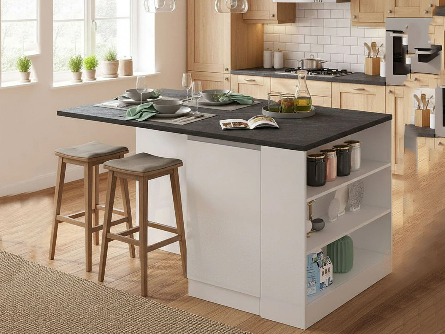 Îlot de cuisine Dcannaval, Armoire polyvalente, Meuble de kitchenette, Table auxiliaire, 100% Made in Italy, 160x90h90 cm, Blanc brillant et ardoise