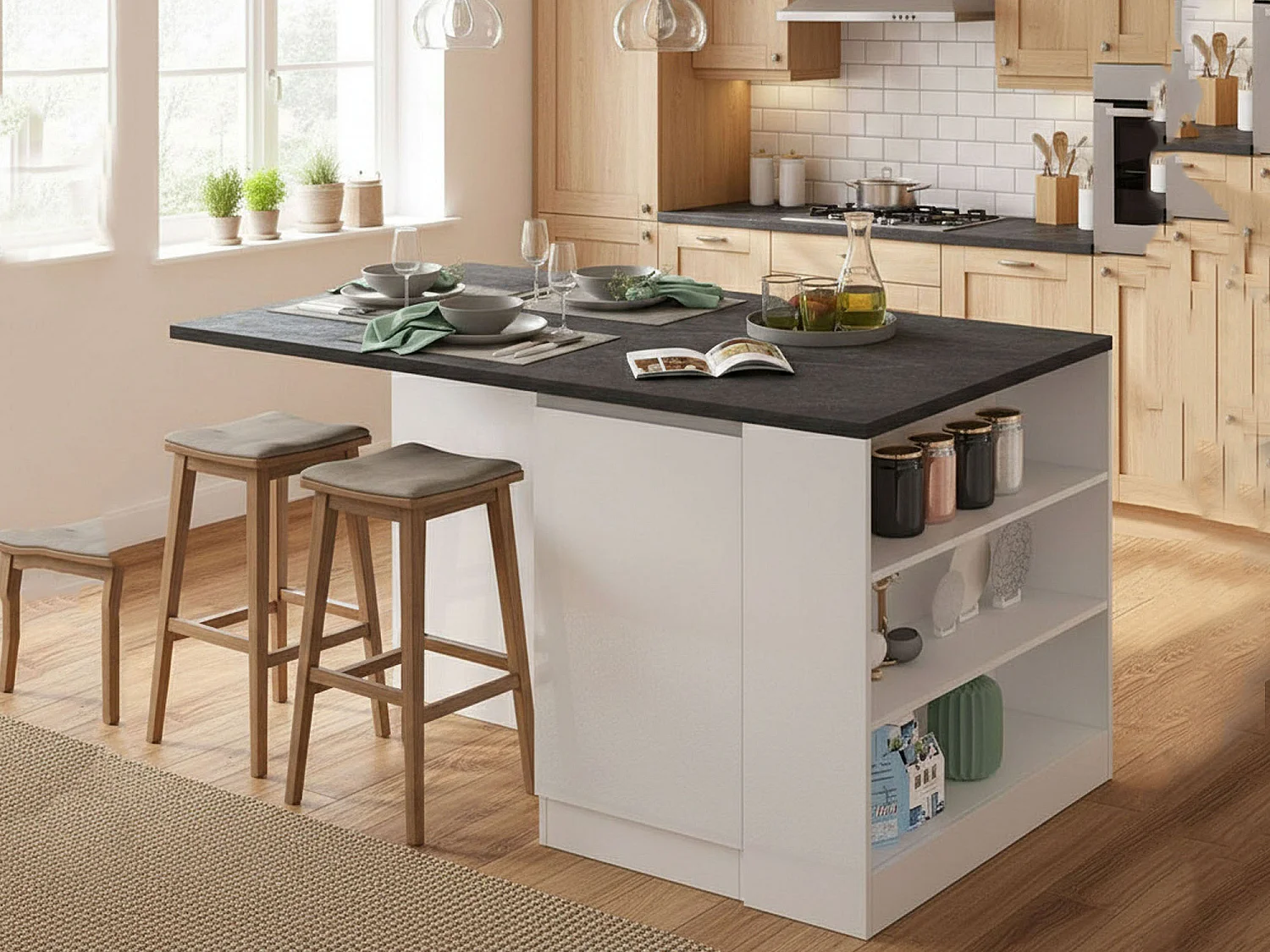 Isla de cocina Dcannaval, Armario multiusos, Mueble cocina, Mesa auxiliar, 100% Made in Italy, 160x90h90 cm, Blanco brillo y pizarra