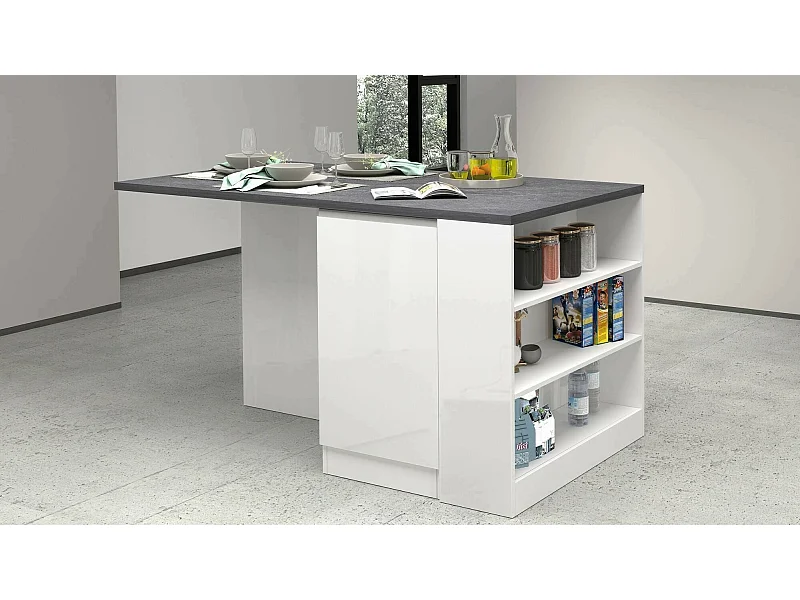 Isla de cocina Dcannaval, Armario multiusos, Mueble cocina, Mesa auxiliar, 100% Made in Italy, 160x90h90 cm, Blanco brillo y pizarra