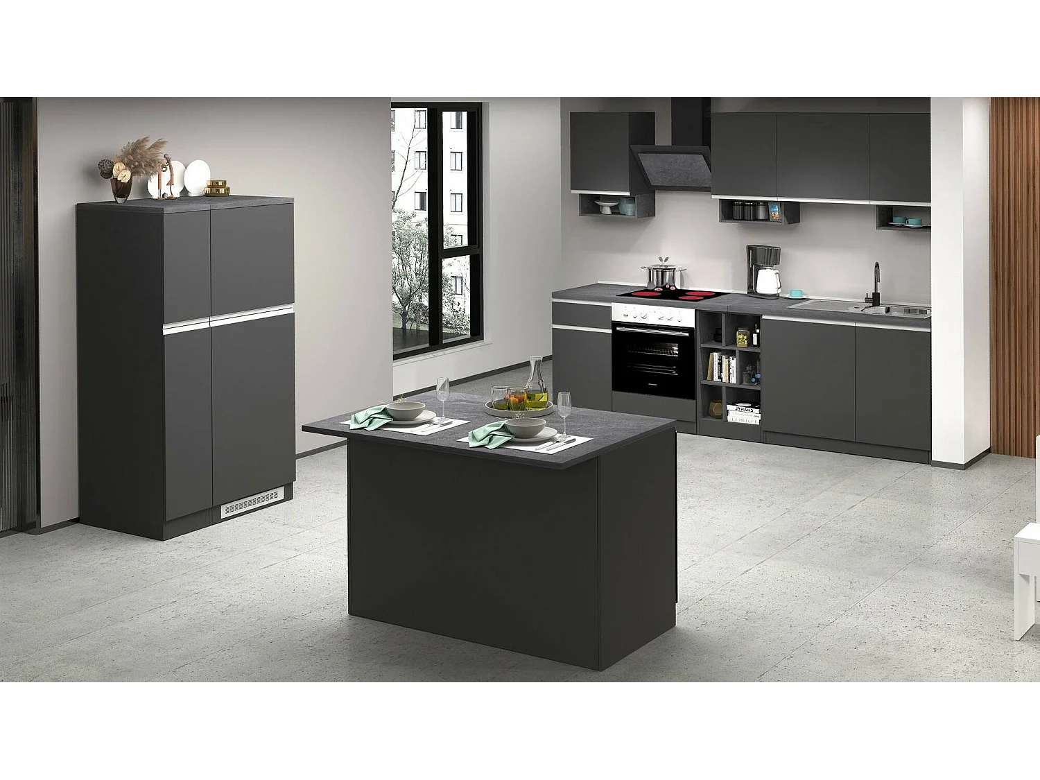 Daffaticat keukeneiland, Multifunctionele kledingkast, Keukenkast, Bijzettafel, 100% Made in Italy, 125x90h90 cm, Antraciet en Leisteen