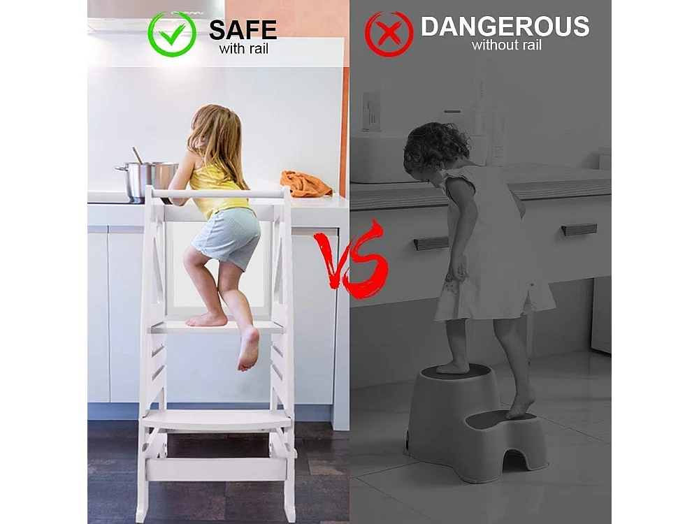 Torre di apprendimento in legno, torre di osservazione dei bambini, torre di apprendimento Montessori, regolabile in altezza festa per bambini con bordo nero