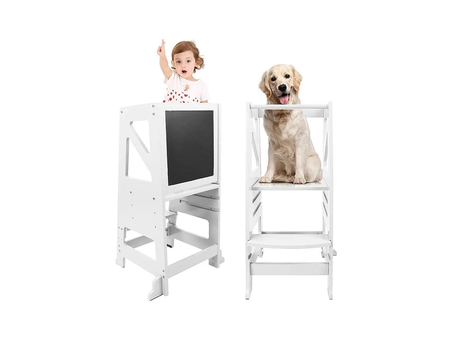 Tour d'apprentissage en Bois,Tour d'observation pour Enfants,Montessori Learning Tower,Réglable en hauteur Marchepied pour bébé avec Tableau Noir-Blanc