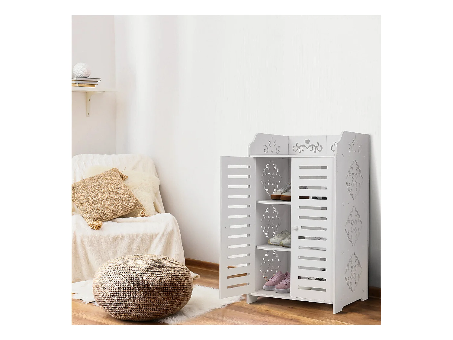 Meuble à Chaussures 4 Étagères,Armoire à chaussures d'entrée 2 portes,Conception de motif découpé,40x31x71cm,Blanc