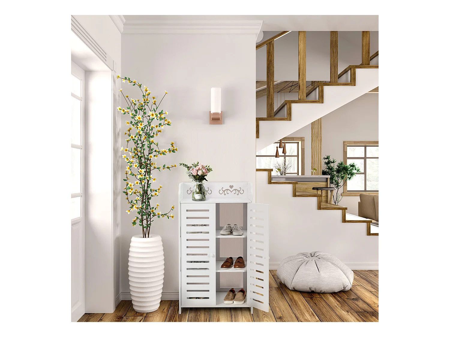 Meuble à Chaussures 4 Étagères,Armoire à chaussures d'entrée 2 portes,Conception de motif découpé,40x31x71cm,Blanc