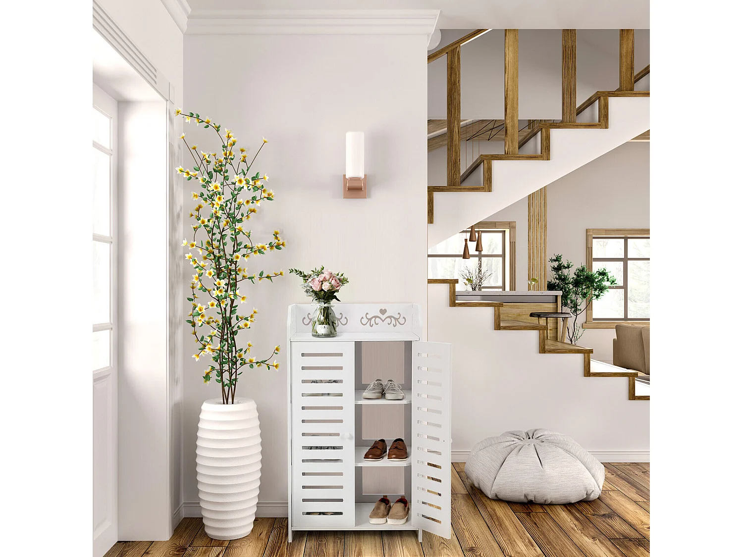 Meuble à Chaussures 4 Étagères,Armoire à chaussures d'entrée 2 portes,Conception de motif découpé,40x31x71cm,Blanc