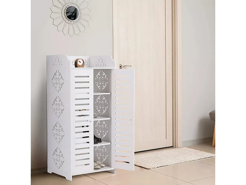 Meuble à Chaussures 4 Étagères,Armoire à chaussures d'entrée 2 portes,Conception de motif découpé,40x31x71cm,Blanc