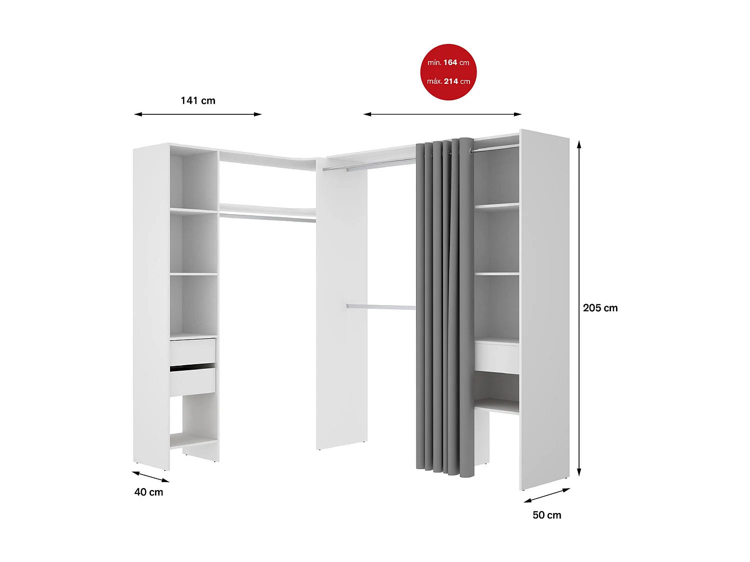 Grande Garde-robe Dtheegal, Meubles de chambre, Penderie de plain-pied, Placard à vêtements, 214x141 h205 cm, Blanc