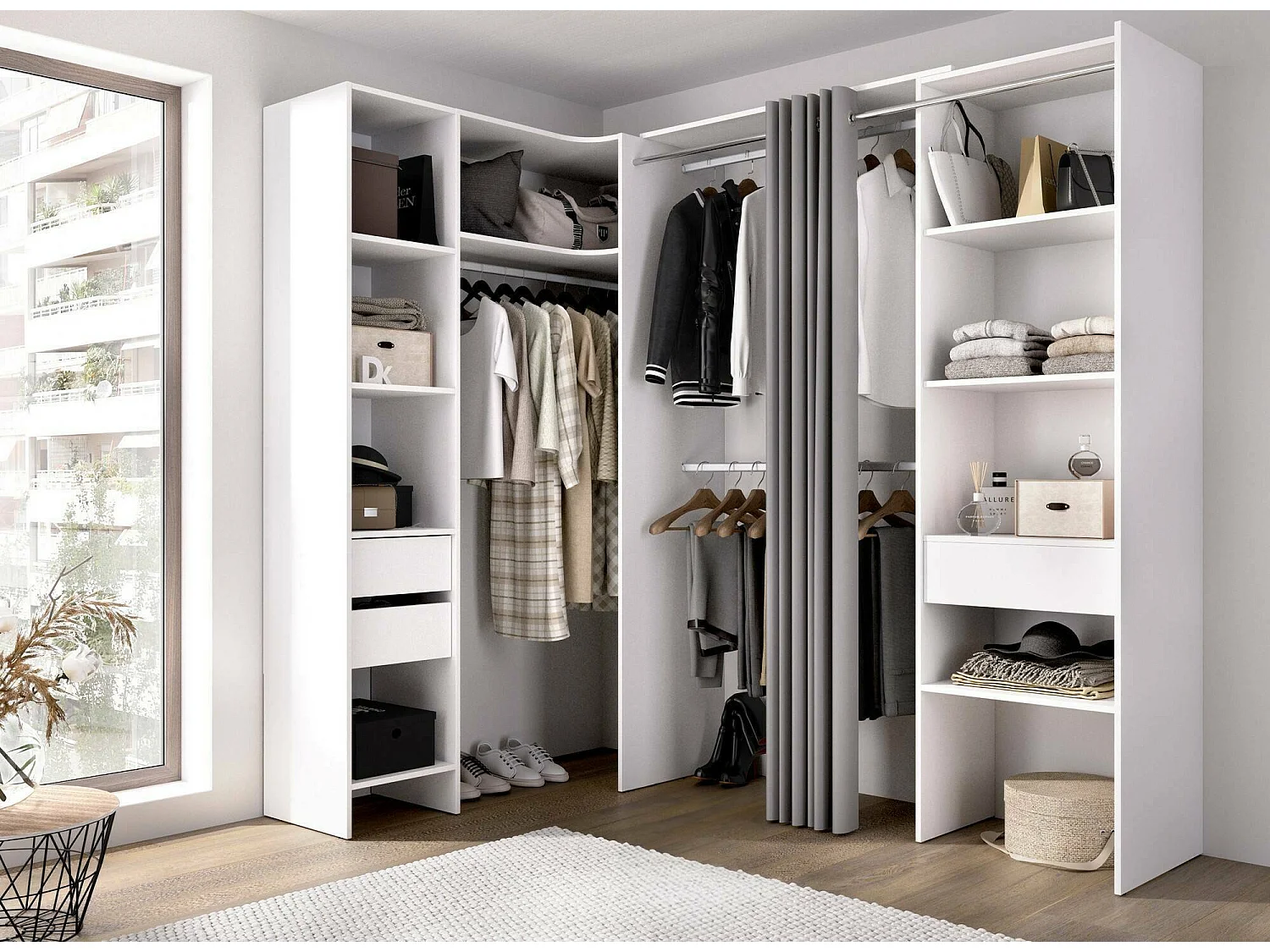 Grande Garde-robe Dtheegal, Meubles de chambre, Penderie de plain-pied, Placard à vêtements, 214x141 h205 cm, Blanc